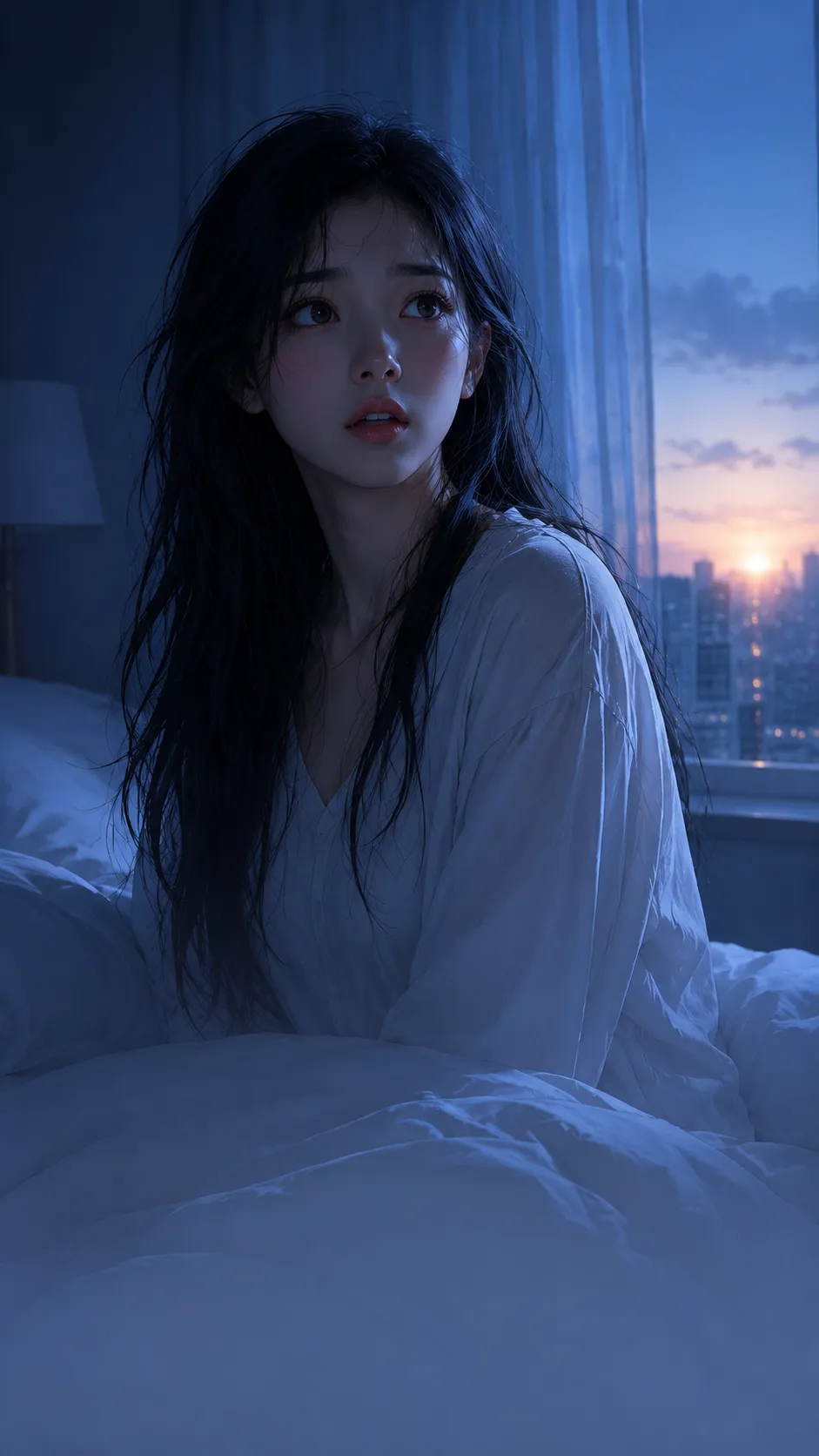 새벽 침대에서 꿈에서 깨어난 여자 주인공