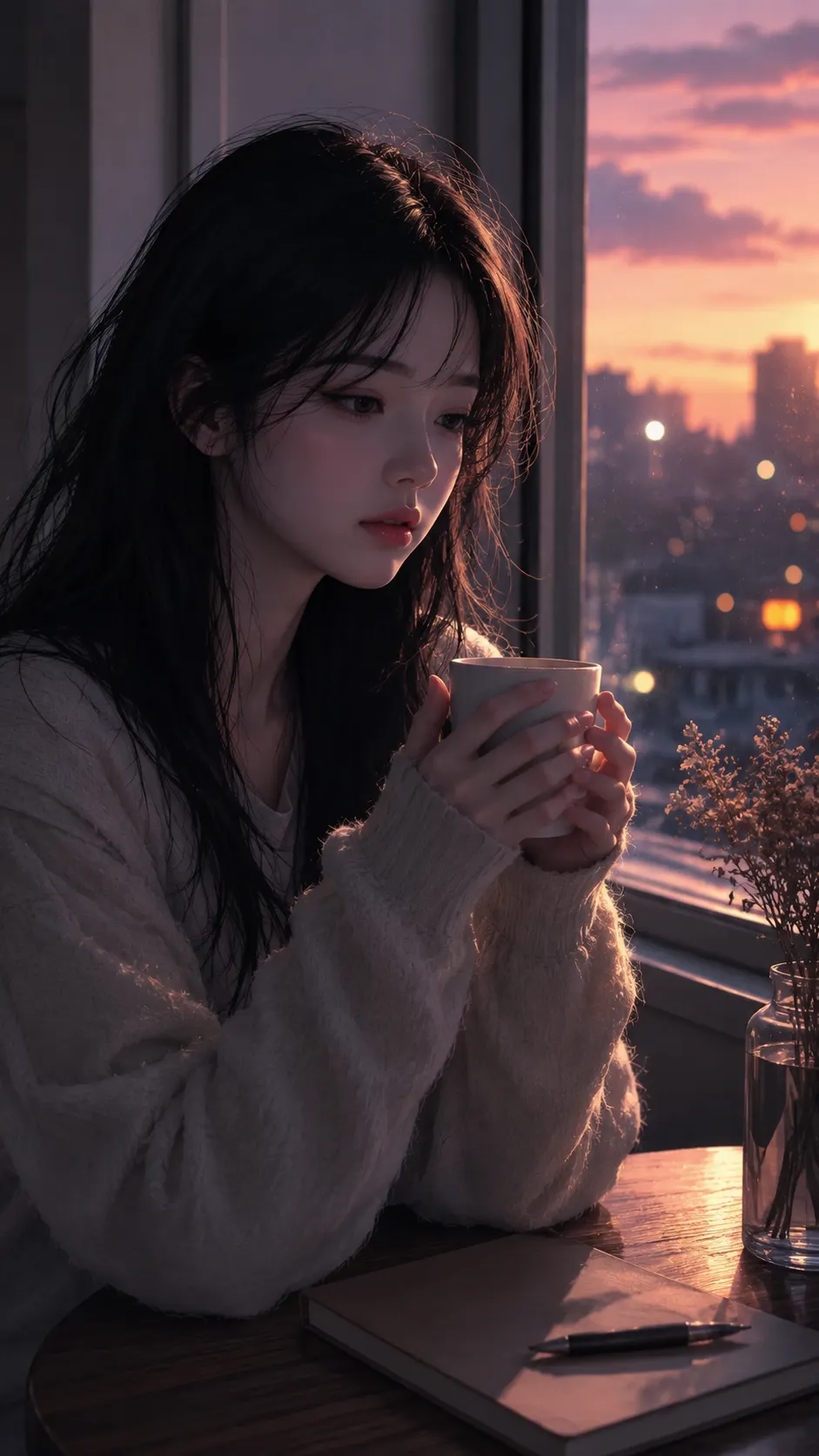 꿈에서 본 얼굴을 떠올리려 혼자 생각하는 여자 주인공